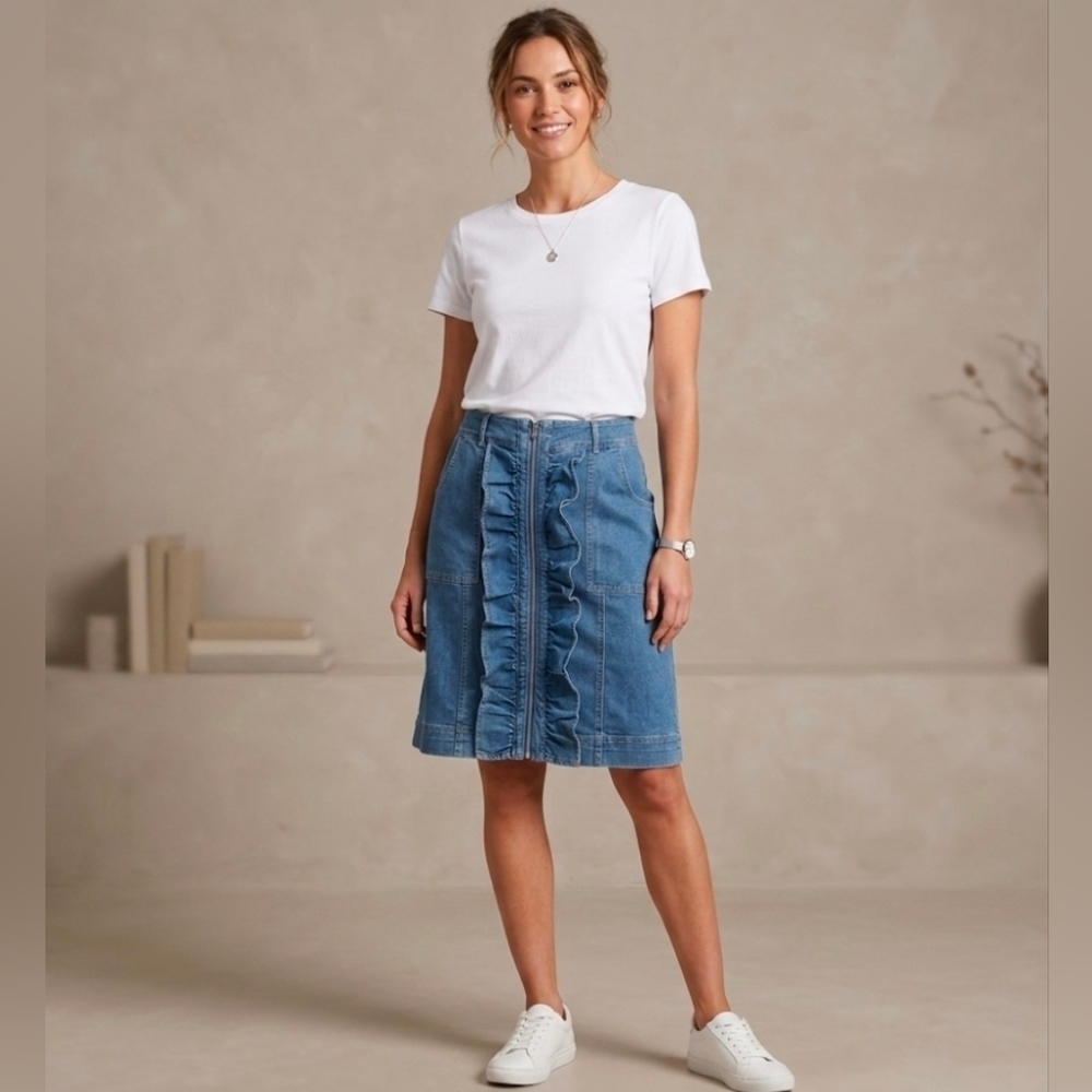 A-line Denim Ruffle Skirt With Front Zipper - Size 12